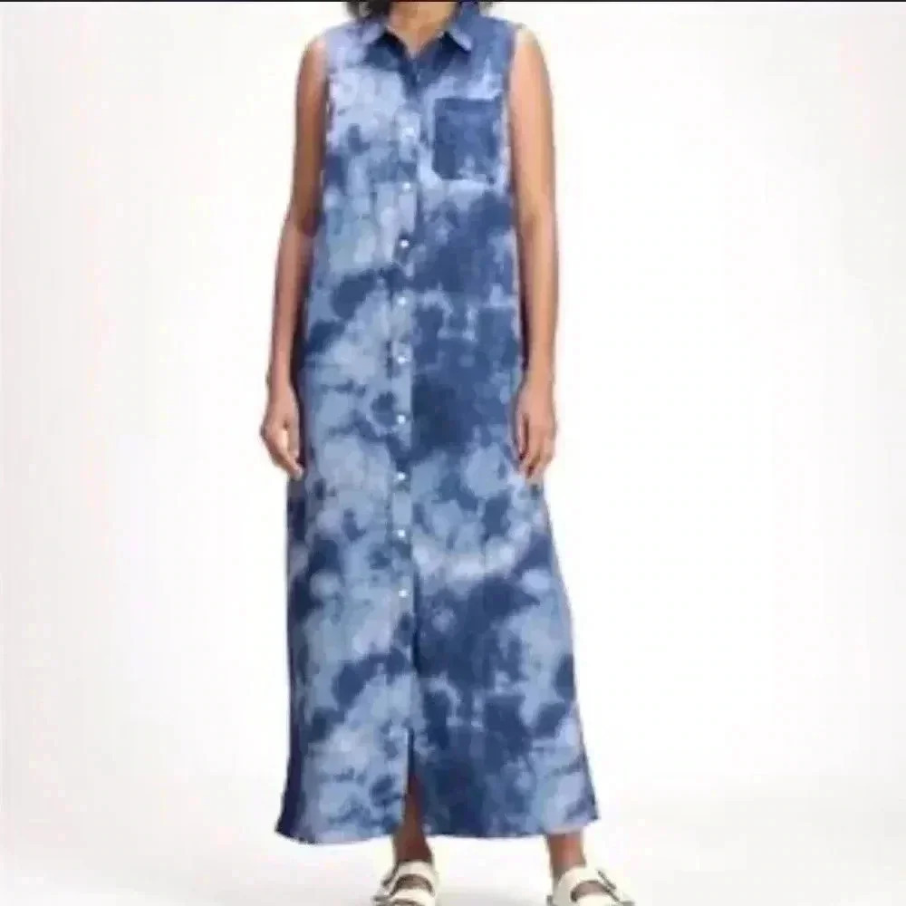GAP | Blue Tie Dye | Linen Blend | Maxi Shirt Dress | size XS